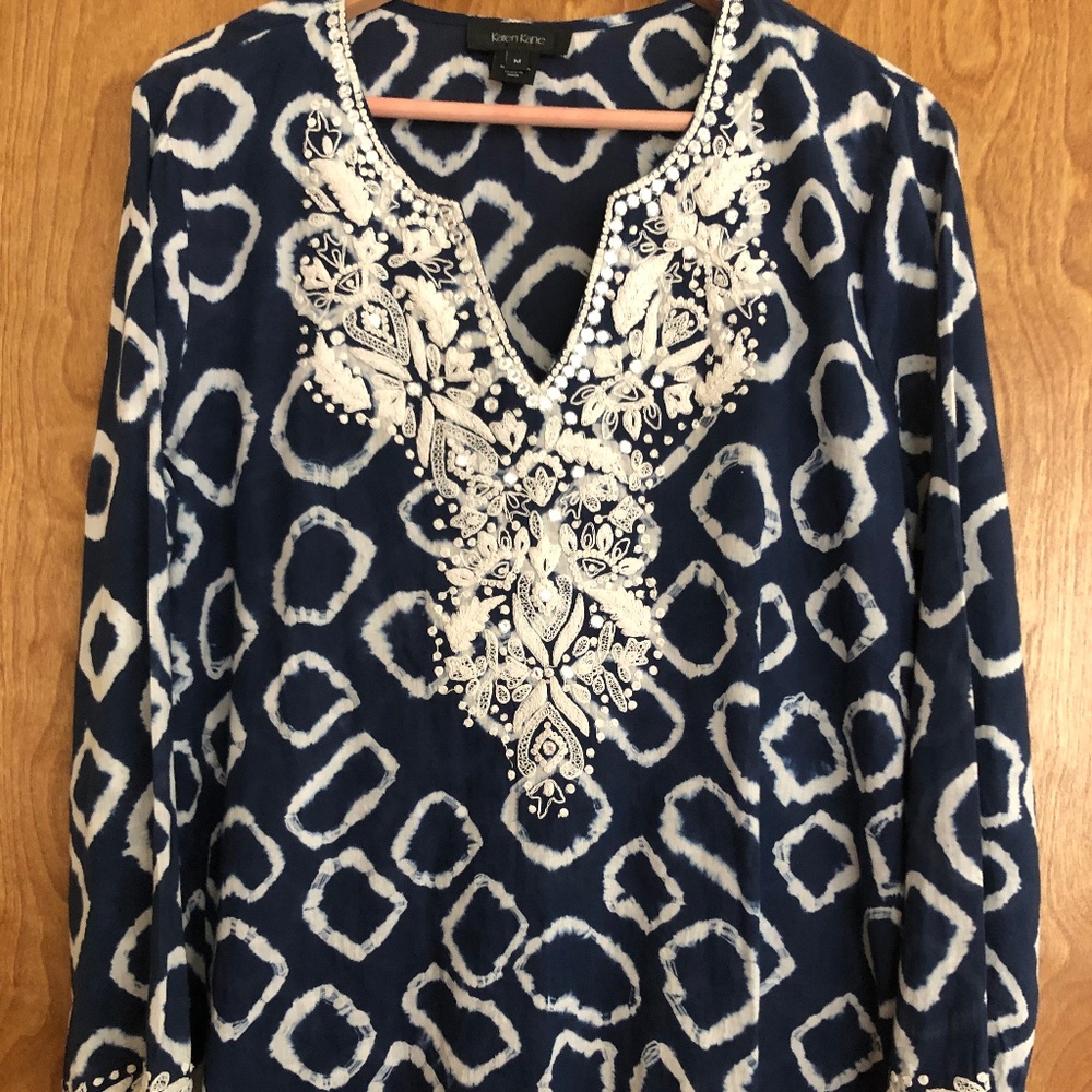 Karen Kane Printed Embroidered Top, navy and white